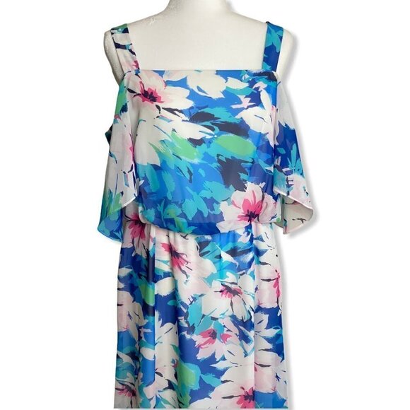 Nine West Midi Dress Tropical Floral Cold Shoulder Flutter Sleeve Womens Size 12 - Picture 5 of 10